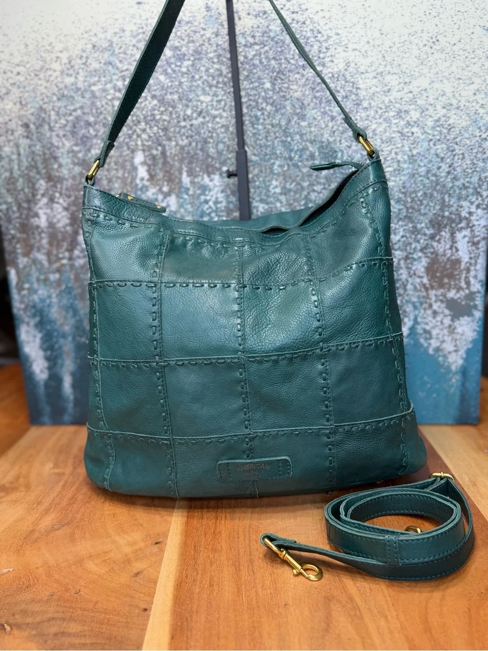 American Leather Co Boho Hunter Green Patchwork Leather Satchel/Crossbody (EUC)